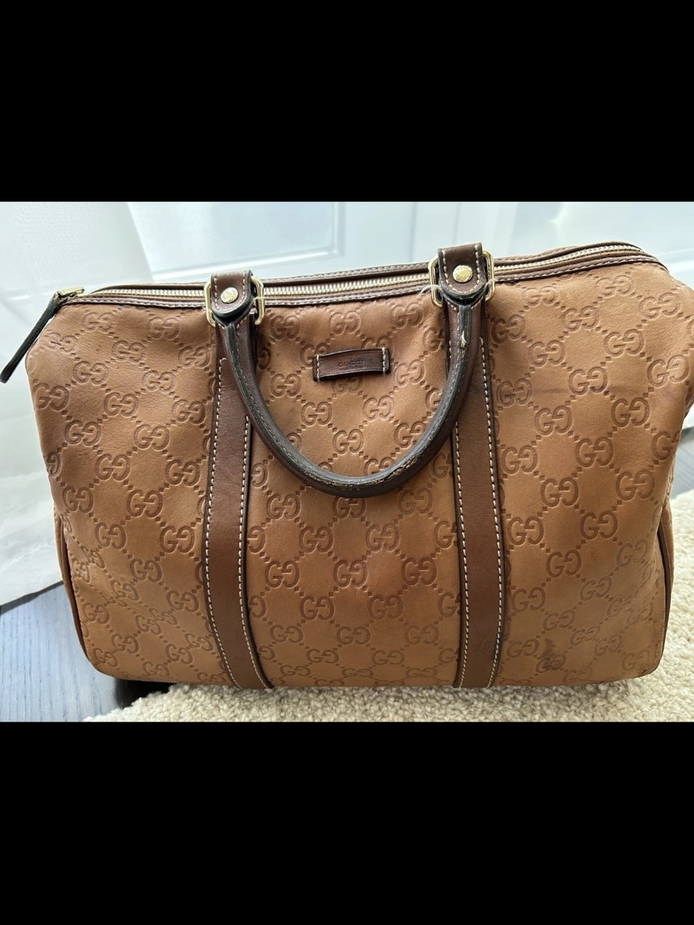 Authentic GUCCI Guccissima Brown Leather Boston Bag Vintage Joy Satchel Medium